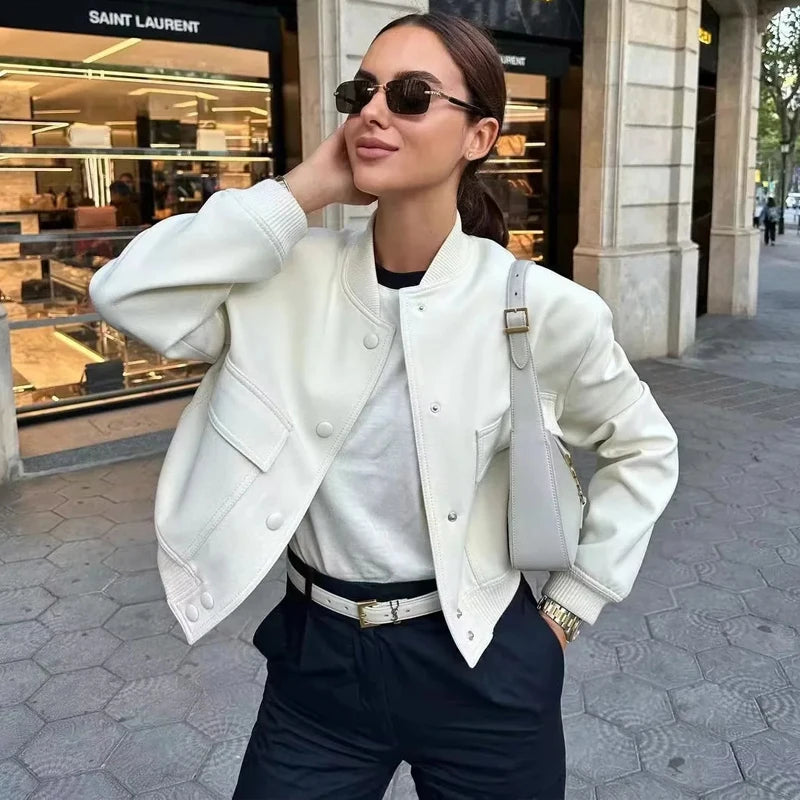Women’s Cropped Bomber Jacket – Casual Slim Aviator Coat zenton