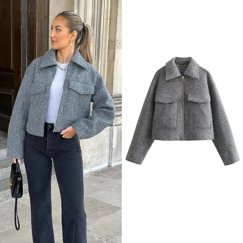 MUJER Tweed Cropped Jackets for Women Autumn Winter Short Coat Jacket Women Zip Crop Demi-season Jacket Woman New in outerwears zenton