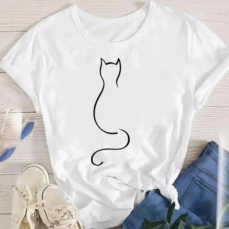 Women Funny Cat O Neck T-shirts Girl Summer Animal Tops Tee zenton