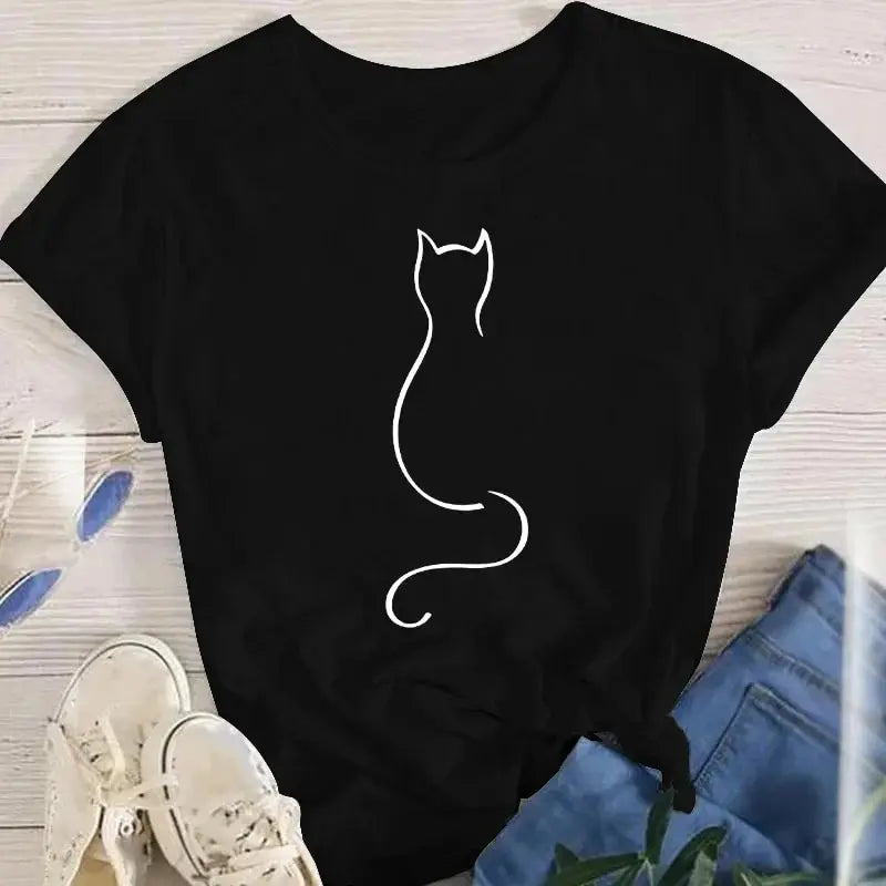 Women Funny Cat O Neck T-shirts Girl Summer Animal Tops Tee zenton
