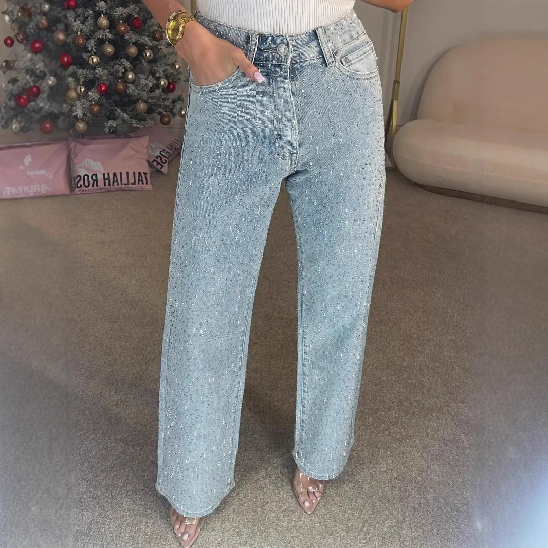 Women’s High-Waist Straight Jeans – Vintage Washed Denim with Diamonds - zenton