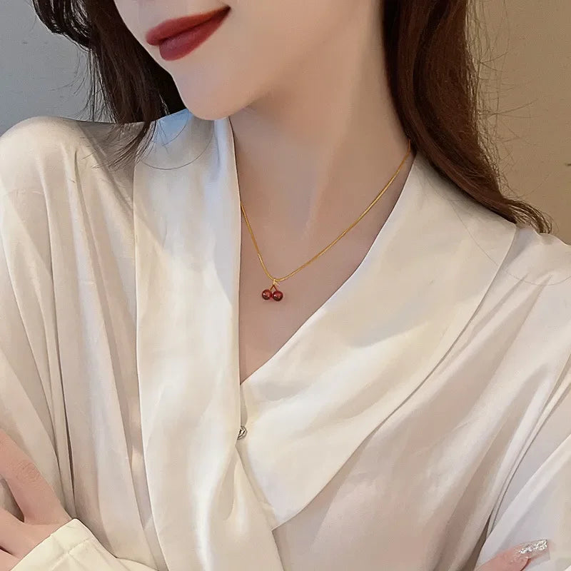 Wine Red Cherry Pendant Necklace – Artificial Jewellery Set - zenton