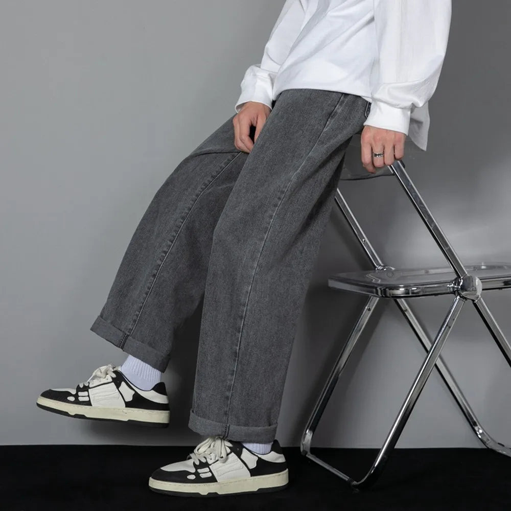 Men’s Wide-Leg Straight Jeans – Solid Color Casual Denim - zenton