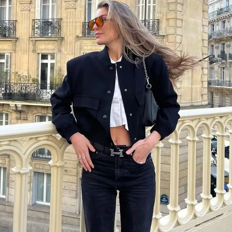 Women’s Cropped Bomber Jacket – Casual Slim Aviator Coat zenton
