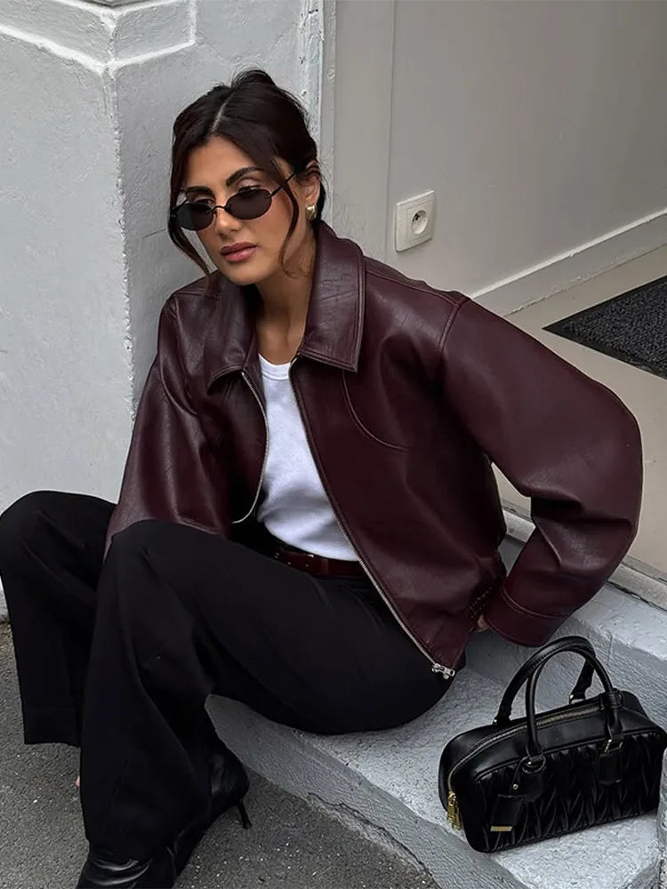 Vintage Wine Red Loose Short Leather Jacket Women Fashion Lapel Long Sleeves Zipper Cropped Coat 2025 Autumn Lady Street Outwear zenton