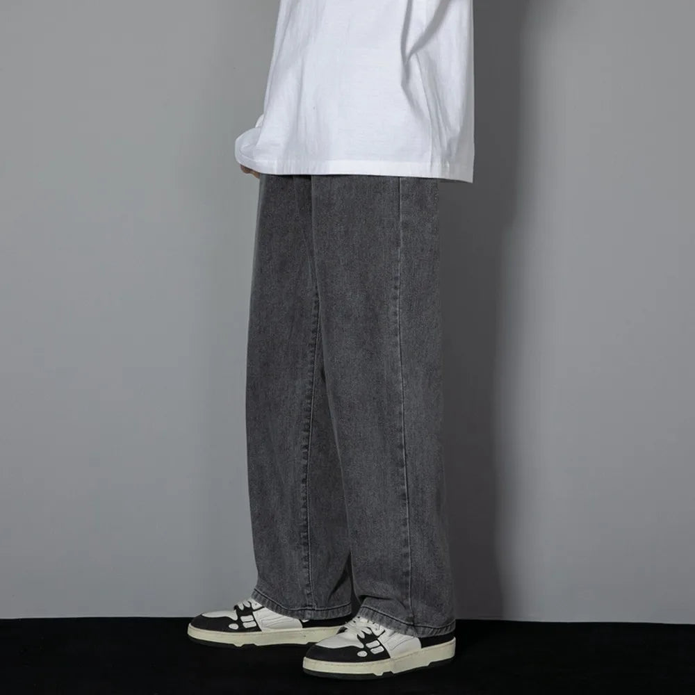 Men’s Wide-Leg Straight Jeans – Solid Color Casual Denim - zenton