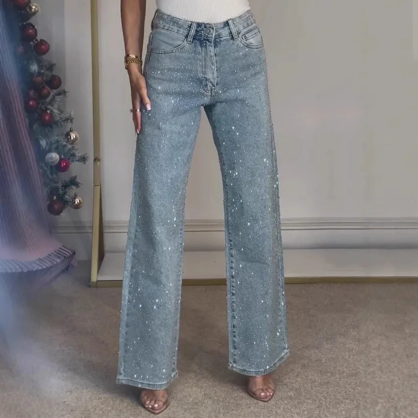 Women’s High-Waist Straight Jeans – Vintage Washed Denim with Diamonds - zenton