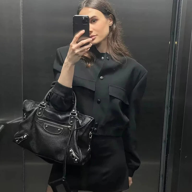 TRAF Woman Bomber Jacket Coat White Autumn Winter Button Baseball Aviator Cropped Jackets for Women Long Sleeve Crop Outerwear zenton