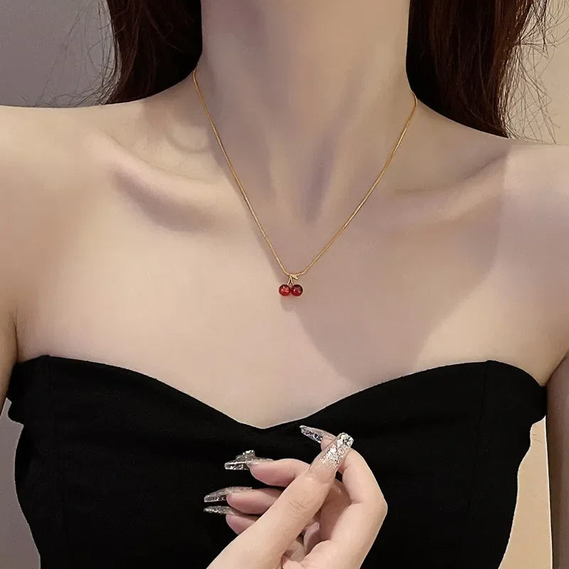 Wine Red Cherry Pendant Necklace – Artificial Jewellery Set - zenton