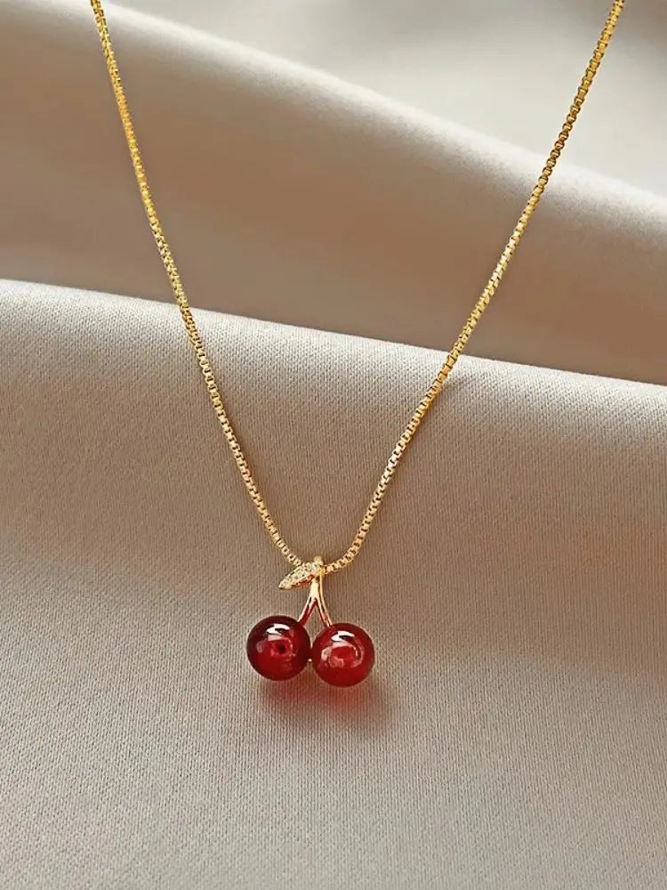 Wine Red Cherry Pendant Necklace – Artificial Jewellery Set - zenton