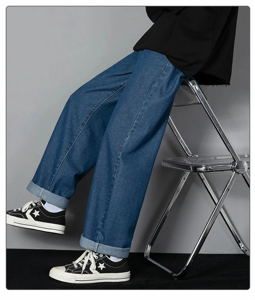 Men’s Wide-Leg Straight Jeans – Solid Color Casual Denim - zenton