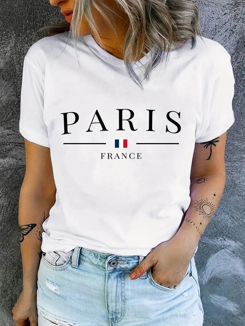 PARIS Print T-shirt, Short Sleeve Crew Neck Casual Top For Summer & Spring, Women's Clothing zenton