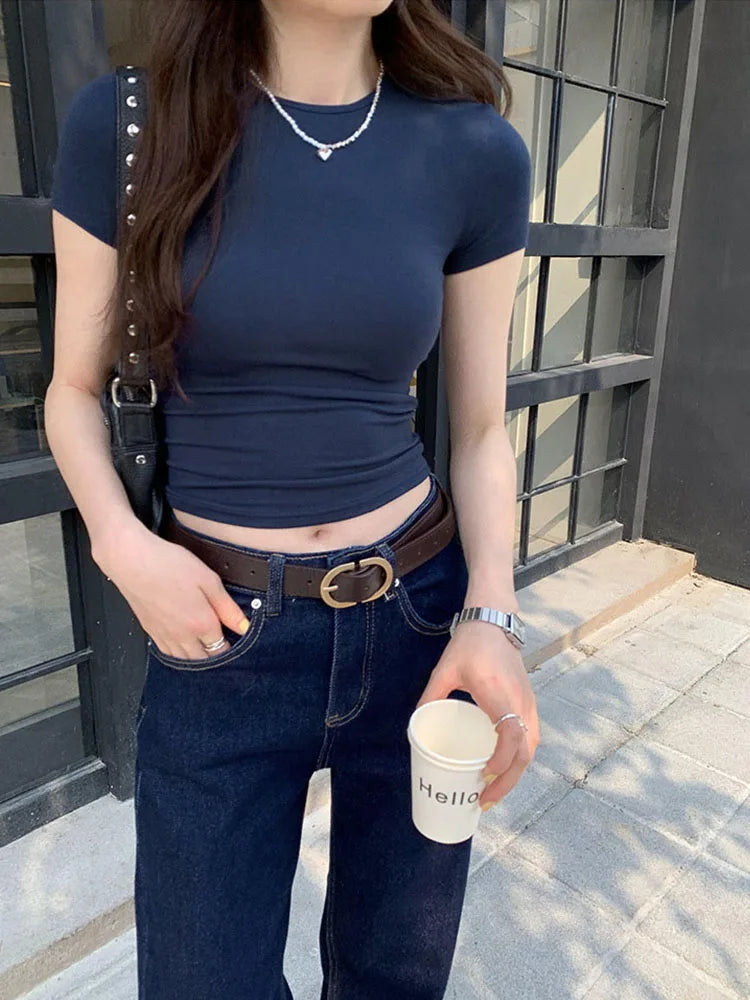 Basic Solid Crop Top Short Sleeve Crewneck Skinny T-shirt Summer Casual Tee for Women y2k Vintage Top Harajuku Streetwear zenton