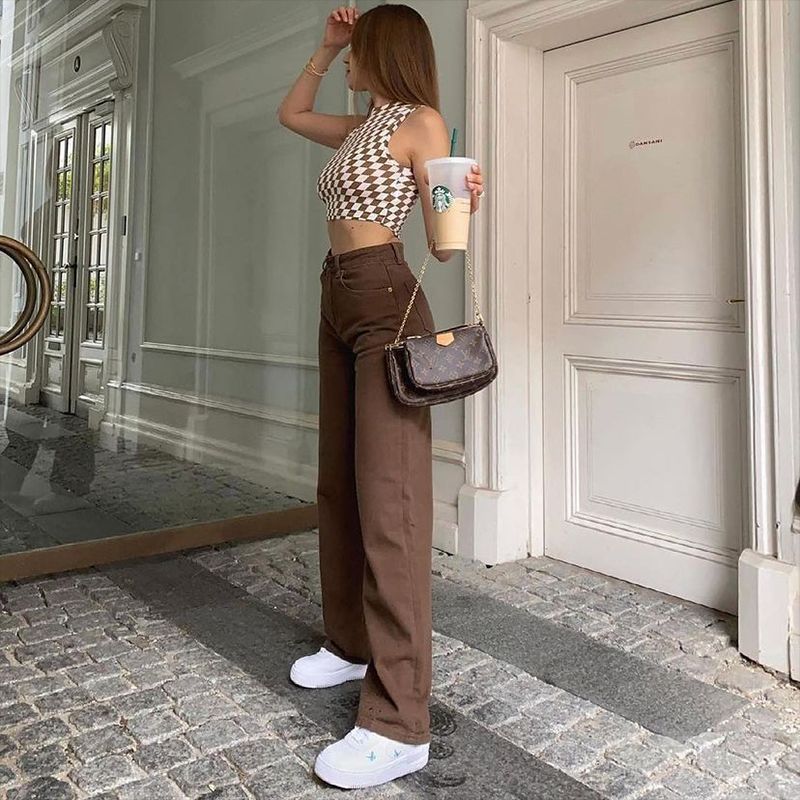 Women’s Brown Retro High Waist Jeans – Slim Straight Denim - zenton