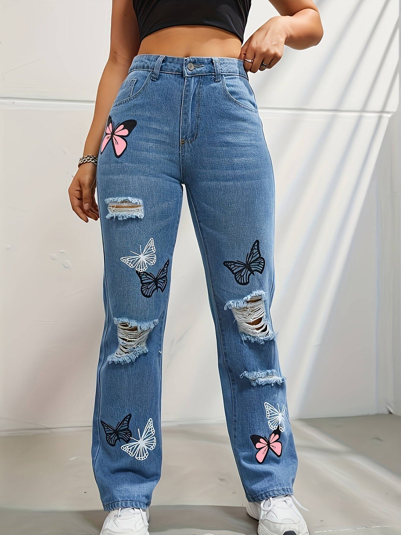 Women’s High Waist Straight Jeans – Butterfly Ripped Denim - zenton