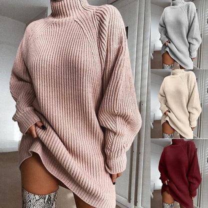 Solid Turtleneck Long Sweater Dress for Winter Women - zenton