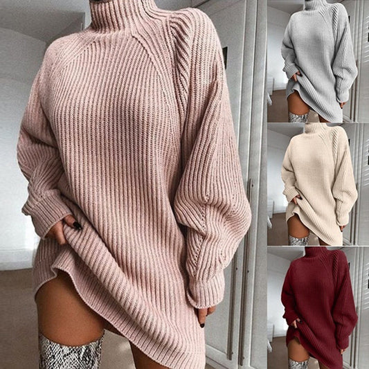 Solid Turtleneck Long Sweater Dress for Winter Women - zenton