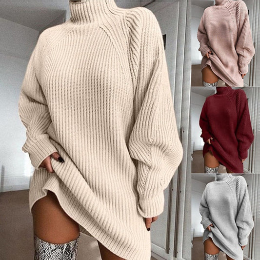 Solid Turtleneck Long Sweater Dress for Winter Women - zenton