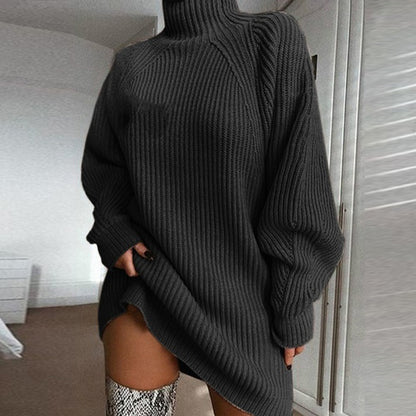 Solid Turtleneck Long Sweater Dress for Winter Women - zenton