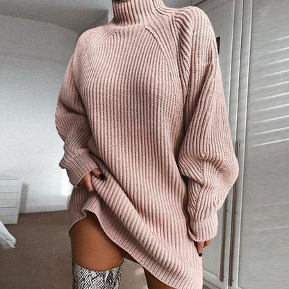 Solid Turtleneck Long Sweater Dress for Winter Women - zenton