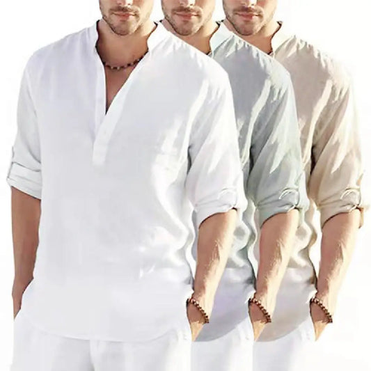Men’s Casual Cotton Linen Long Sleeve Shirt – Loose Fit - zenton