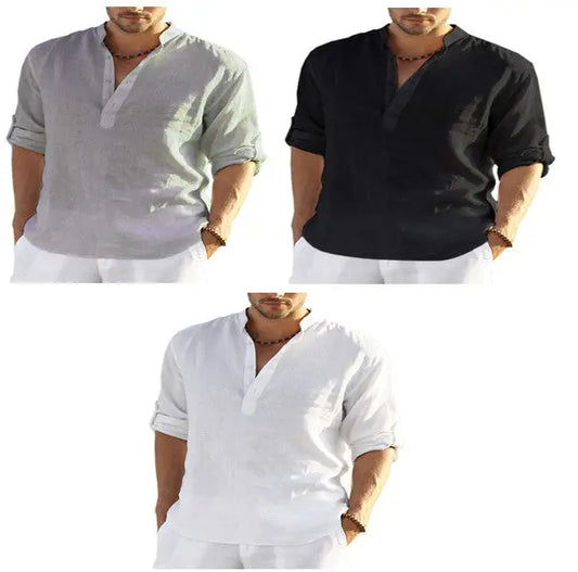 Men’s Casual Cotton Linen Long Sleeve Shirt – Loose Fit - zenton