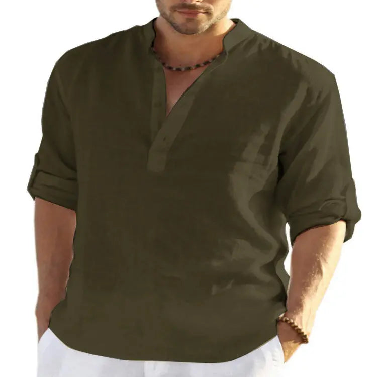 Men’s Casual Cotton Linen Long Sleeve Shirt – Loose Fit - zenton
