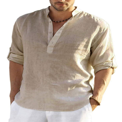 Men’s Casual Cotton Linen Long Sleeve Shirt – Loose Fit - zenton