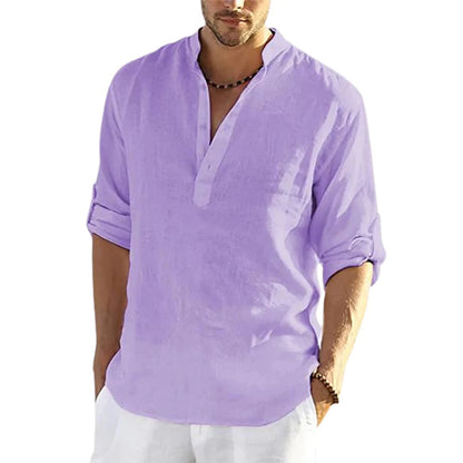 Men’s Casual Cotton Linen Long Sleeve Shirt – Loose Fit - zenton