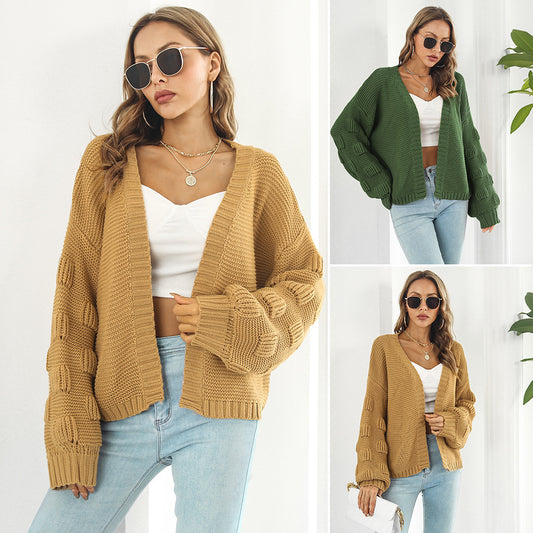 Women’s Puff Sleeve Chunky Knit Cardigan Sweater - zenton