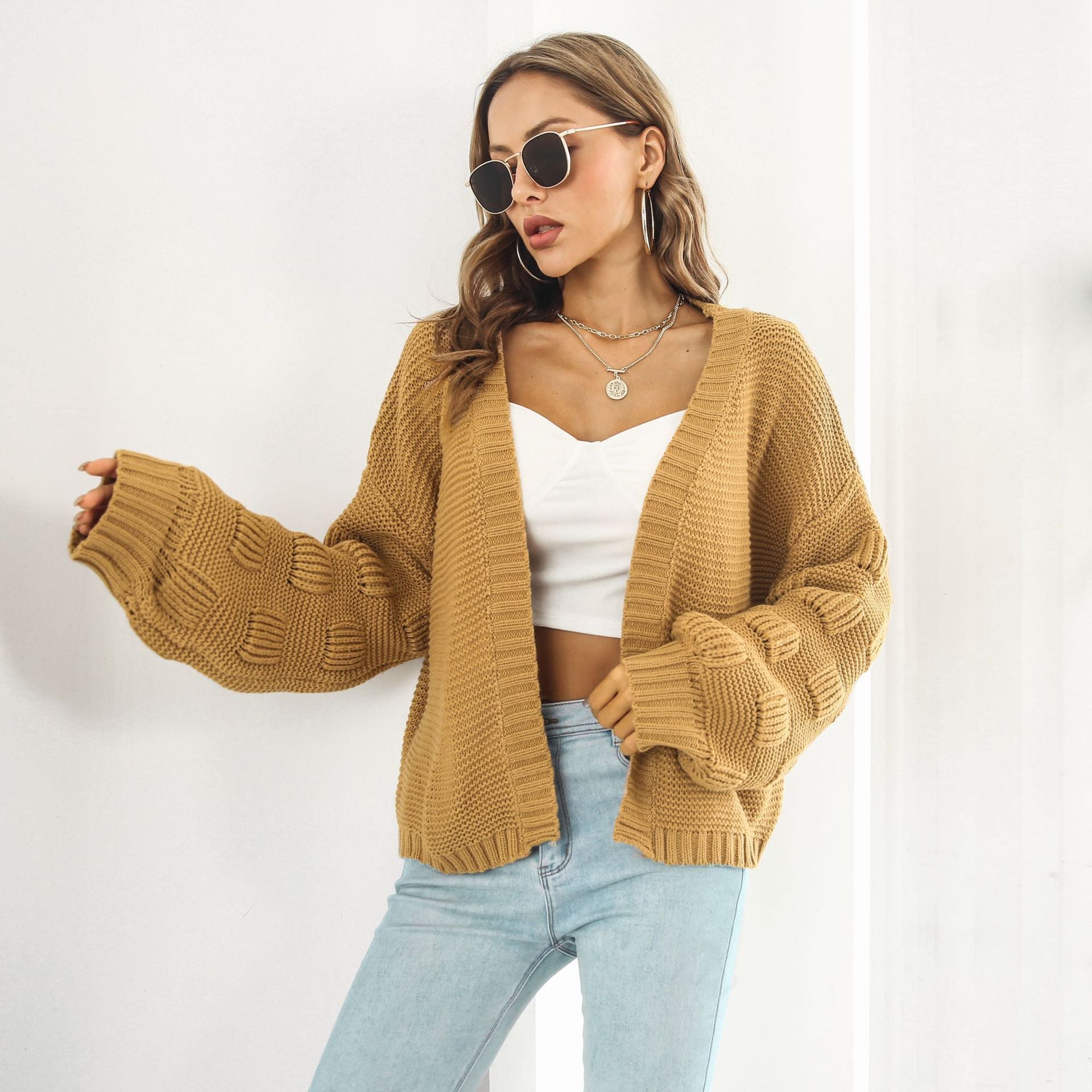 Women’s Puff Sleeve Chunky Knit Cardigan Sweater - zenton