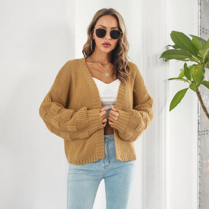 Women’s Puff Sleeve Chunky Knit Cardigan Sweater - zenton