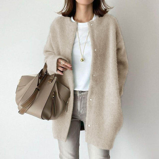 Loose Round Neck Solid Color Cardigan Jacket Women - zenton