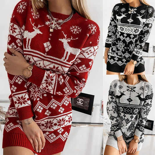 Elk Snowflake Christmas Knitted Sweater Dress Women - zenton