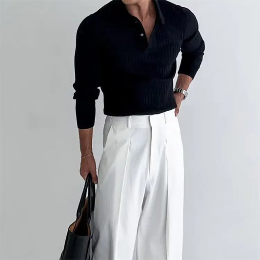 Men's Modern Lapel Button Knitted Long Sleeve Polo Shirt - zenton