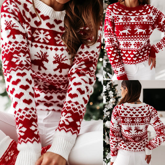 Christmas Elk Knitted Sweater – Women’s Long Sleeve - zenton