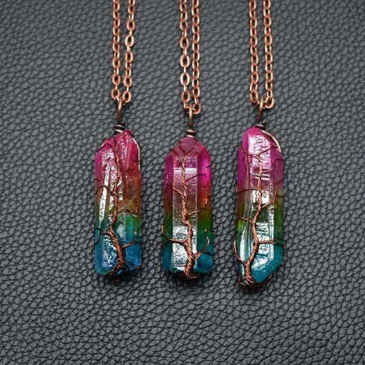 Tree of Life Stone Crystal Pillar Pendant Necklace - zenton