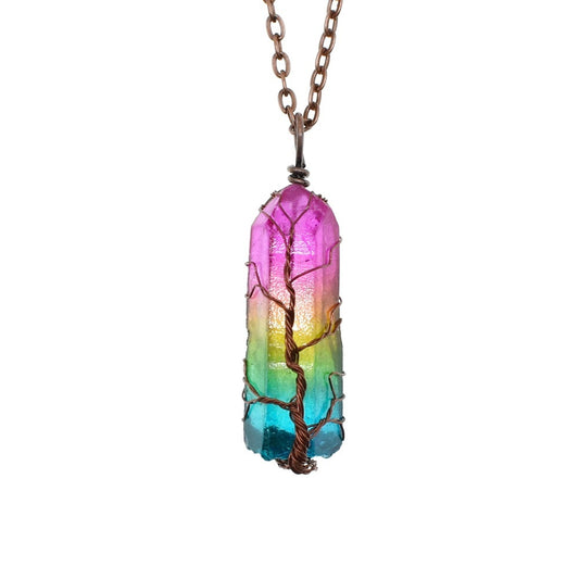 Tree of Life Stone Crystal Pillar Pendant Necklace - zenton