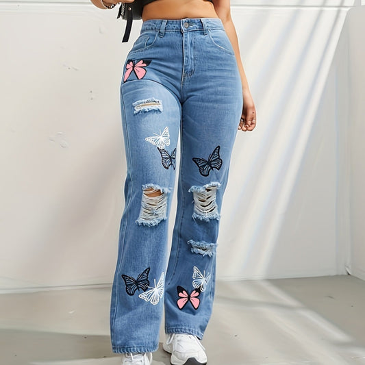 Women’s High Waist Straight Jeans – Butterfly Ripped Denim - zenton