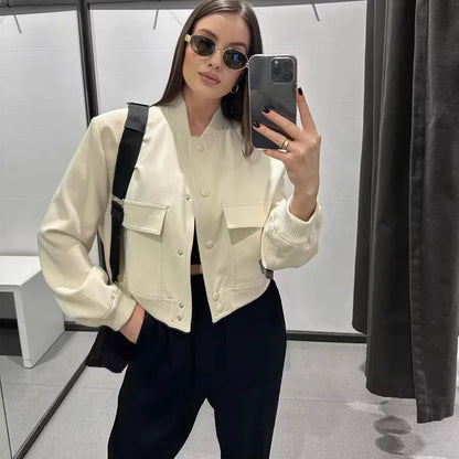Women’s Cropped Bomber Jacket – Casual Slim Aviator Coat zenton