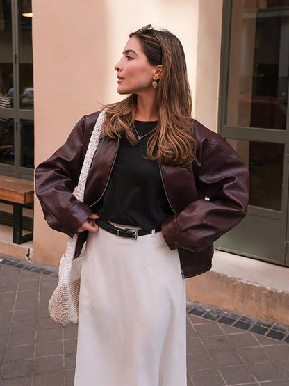 Vintage Wine Red Loose Short Leather Jacket Women Fashion Lapel Long Sleeves Zipper Cropped Coat 2025 Autumn Lady Street Outwear zenton