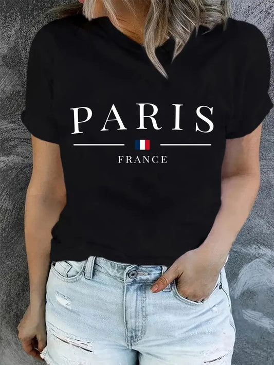 PARIS Print T-shirt, Short Sleeve Crew Neck Casual Top For Summer & Spring, Women's Clothing zenton