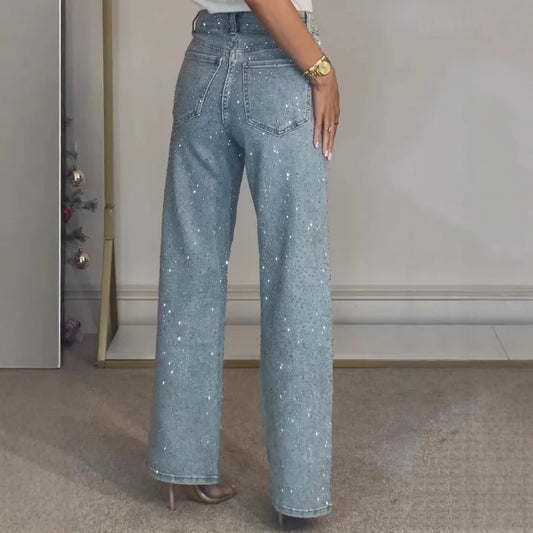 Women’s High-Waist Straight Jeans – Vintage Washed Denim with Diamonds - zenton