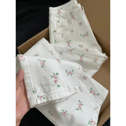 Women’s White Floral Wide-Leg Jeans – Mid-Waist Casual - zenton