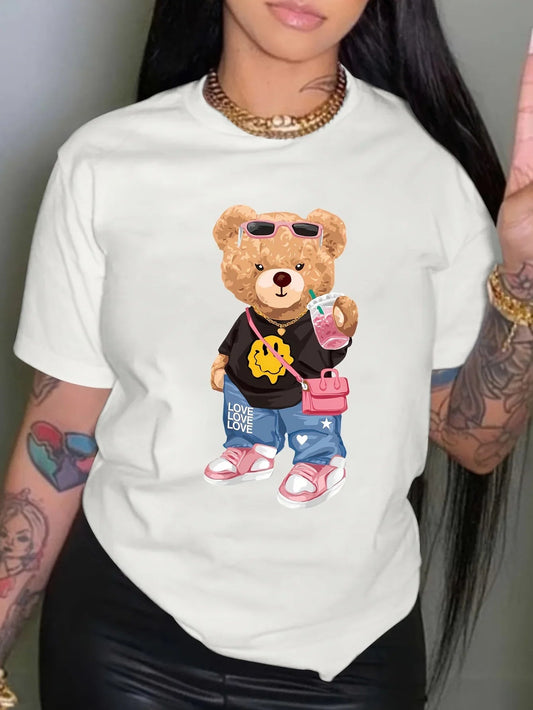 kawaii Little Bear Print T-shirt Short Sleeve Crew Neck Casual Top for Summer Spring Women's Clothing Shirt zenton
