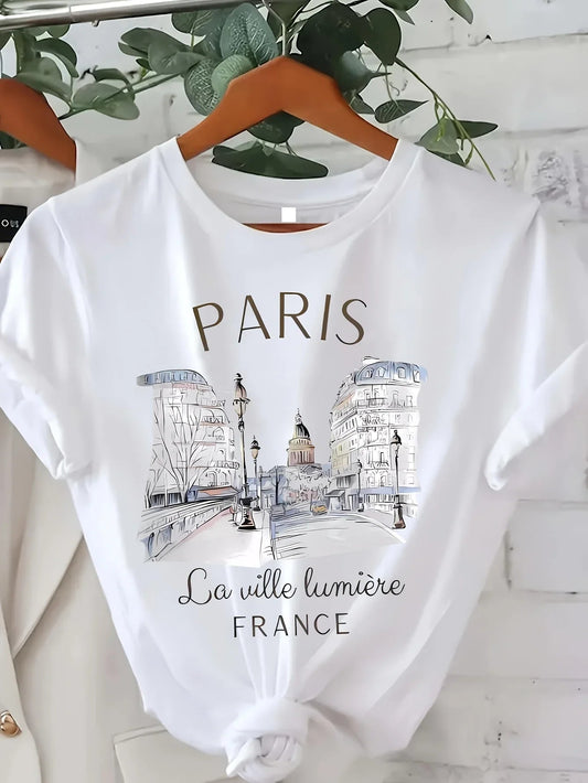 Women’s 90s Paris Print T-Shirt – Summer Spring Casual Tee zenton