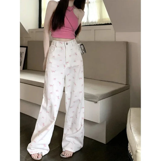 Women’s White Floral Wide-Leg Jeans – Mid-Waist Casual - zenton