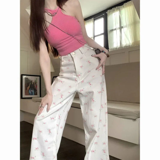 Women’s White Floral Wide-Leg Jeans – Mid-Waist Casual - zenton