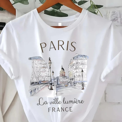 Women’s 90s Paris Print T-Shirt – Summer Spring Casual Tee zenton