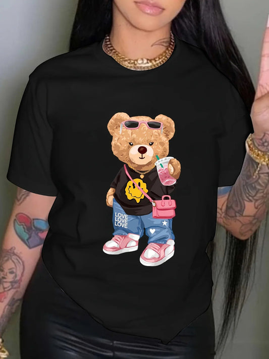 kawaii Little Bear Print T-shirt Short Sleeve Crew Neck Casual Top for Summer Spring Women's Clothing Shirt zenton